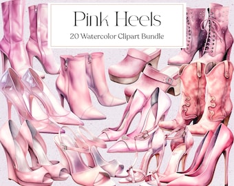 20 Pink Heels Watercolor Clipart, High Heels, Women Shoes Clipart, Fashion Clipart, Instant Download