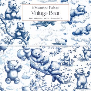 Może przedstawiać: Sześć wzorów bez szwów z vintage ilustracjami niebieskich niedźwiedzi w różnych pozach. Niedźwiedzie są przedstawione w fantazyjnym stylu, niektóre trzymają słoiki miodu, latają samolotami i śpią na chmurach. Wzory idealnie nadają się do dodania odrobiny uroku do każdego projektu.