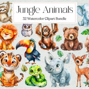 32 cliparts bébés animaux de la jungle, clipart animaux aquarelle, animaux de safari, clipart baby shower, autocollants numériques, téléchargement immédiat