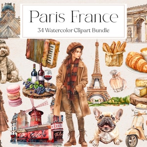 34 Paris França Clipart, Aquarela Paris Clipart, Viagem Clipart, Paris Romântico, Torre Eiffel, Marcos, Download Instantâneo