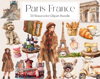 34 Paris France Clipart, Watercolor Paris Clipart, Travel Clipart, Romantic Paris, Eiffel Tower, Landmarks, Instant Download