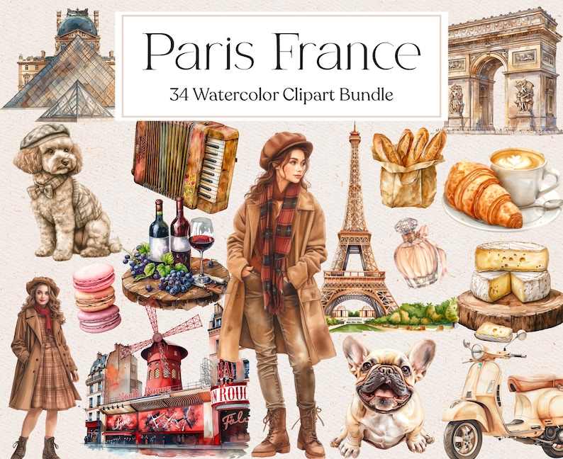May include: A watercolor clipart bundle featuring Parisian landmarks, food, and fashion. The bundle includes the Eiffel Tower, the Arc de Triomphe, a baguette, a croissant, a bottle of wine, a glass of wine, a woman wearing a brown coat and a red scarf, a poodle, a French bulldog, a scooter, and a windmill.