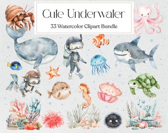 33 imágenes prediseñadas submarinas, imágenes prediseñadas de animales marinos en acuarela, imágenes PNG de animales marinos lindos, decoración para guardería, baby shower, descarga instantánea.
