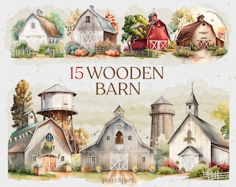 15 Wooden Barn Clipart, Watercolor Barn Clipart, Red Barn, Unique Wedding Favor, Instant Download, Commercial Use