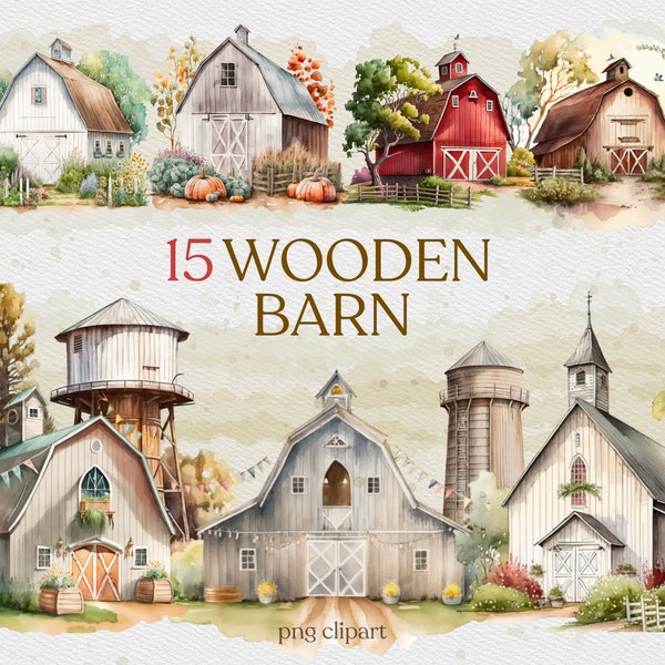 15 Wooden Barn Clipart, Watercolor Barn Clipart, Red Barn, Unique Wedding Favor, Instant Download, Commercial Use