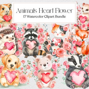 Watercolor Animals with Heart Clipart, Cute Animals Flowers Clipart, Valentine Clipart, Love Clipart, Instant Download