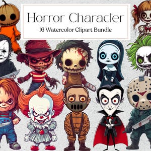 Horror Character Clipart, Watercolor Cute Halloween Character Clipart, Cute Spooky Cartoon, Instant Download