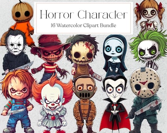 Horror Character Clipart, Watercolor Cute Halloween Character Clipart, Cute Spooky Cartoon, Instant Download