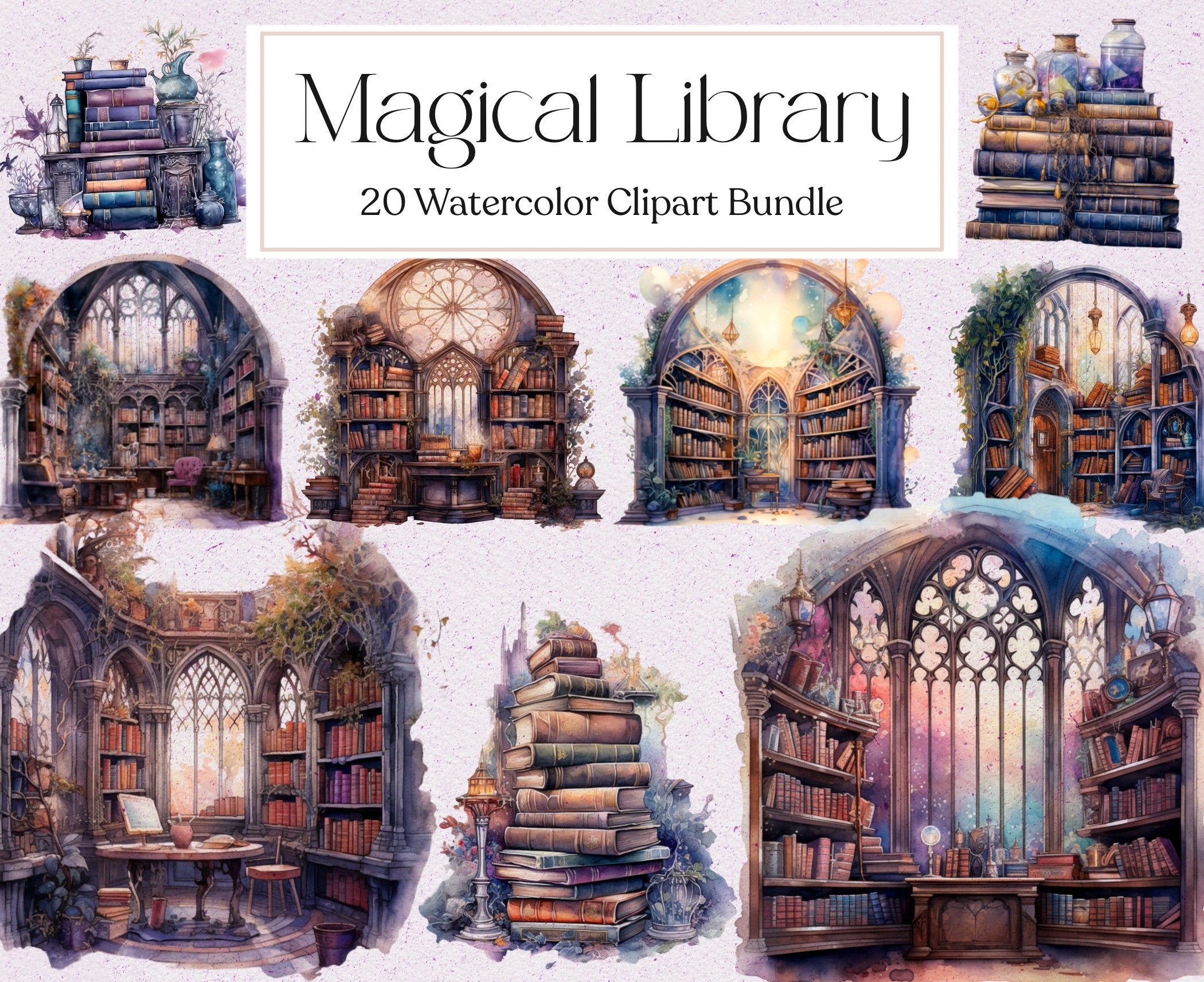 20 Magical Library Watercolor Clipart, Magical Books Clipart, Watercolor Fantasy library, Fantasy Clipart, Instant Download