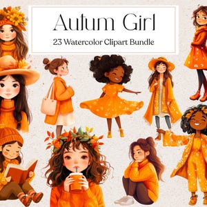 23 Watercolor Autumn Girl Clipart, Cozy Autumn Clipart, Cute Kawaii Fall Girl Clipart, Scrapbook Junk Journal, Instant Download
