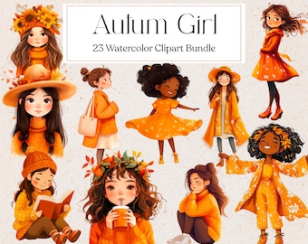23 Clipart di ragazze autunnali ad acquerello, clipart autunnali accoglienti, clipart di ragazze autunnali kawaii carine, scrapbooking, junk journal, download immediato