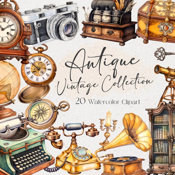 20 Watercolor Antique Clipart, Vintage Watercolor Png, Vintage Items, Instant Download, Commercial Use