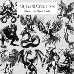 Clipart créatures mythiques vintage, clipart fantastique, illustration antique des cliparts, téléchargement immédiat
