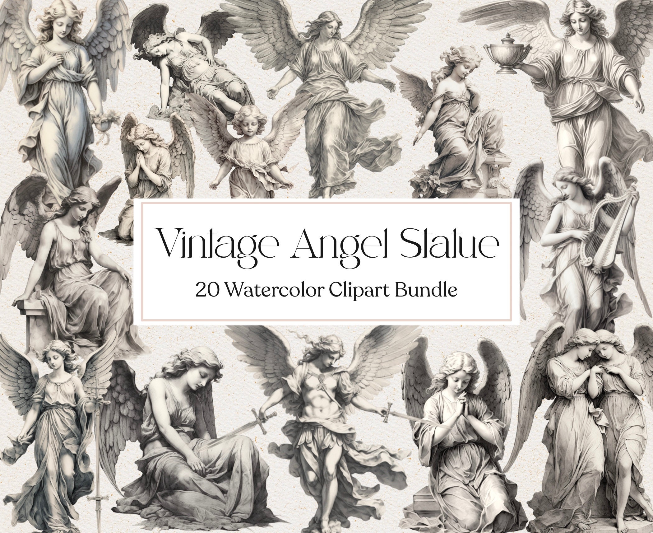 20 Vintage Angel Statue Clipart, Watercolor Vintage Angel, Statue Png, Angel Clipart, Instant Download, Commercial Use