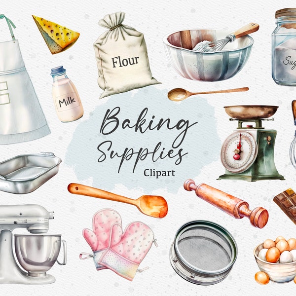 20 Baking Supplies Clipart, Watercolor Baking, Kitchen Utensils, Kitchen Clipart, Instant Download, Commercial Use