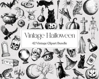 May include: A collection of 42 vintage Halloween clipart images in black and white. The images include a variety of spooky and whimsical characters, objects, and symbols, such as bats, owls, pumpkins, skulls, ghosts, and more.