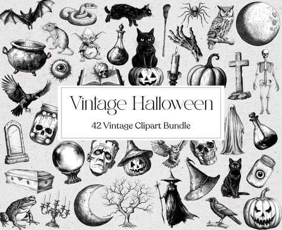42 Vintage Halloween Clipart, Vintage Clipart, Vintage Witch, Black Cat, Scrapbooking, Instant Download, Commercial Use