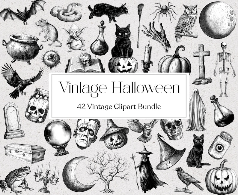 May include: A collection of 42 vintage Halloween clipart images in black and white. The images include a variety of spooky and whimsical characters, objects, and symbols, such as bats, owls, pumpkins, skulls, ghosts, and more.