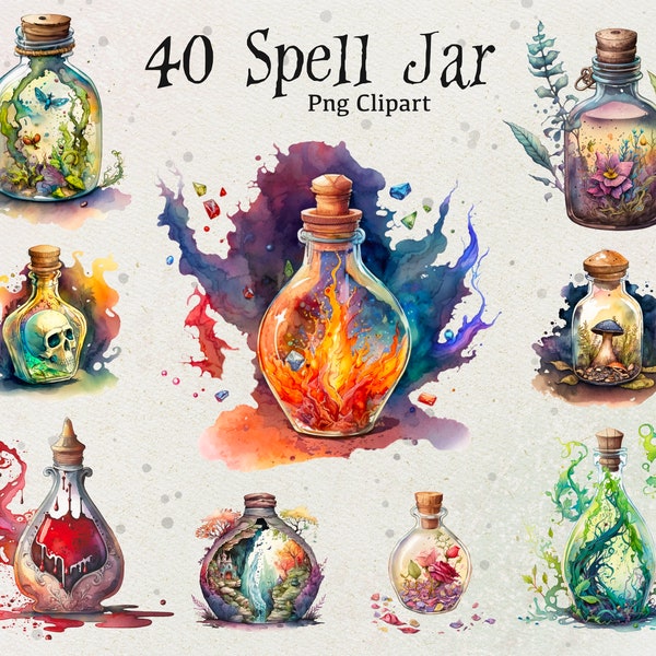 40 Spell Jar Clipart, Potion Bottles Clipart, Witches Watercolor Png, Witchcraft, Fantasy, Mystical Art, Instant Download, Commercial Use