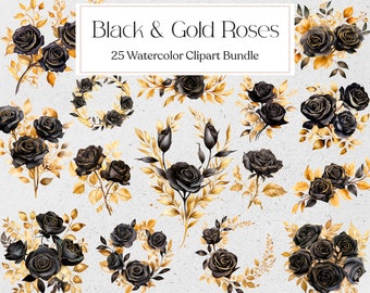 Watercolor Black and Gold Roses Clipart Gothic Roses, Luxury Png, Commercial Use, Instant Download