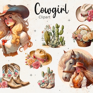 15 Vintage Cowgirl Clipart, Aquarell Cowboy Boots Clipart, Cowgirl Blume, Wilder Westen Png, Instant Download, kommerzielle Nutzung