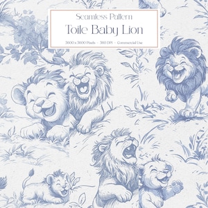 León bebé chinoiserie Toile de Jouy, fondo sin costuras para guardería, descarga digital, clipart para papeles, telas, uso comercial