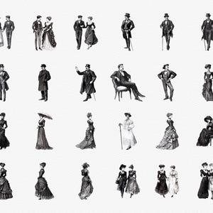 Pu&ograve; includere: Una collezione di illustrazioni vintage in bianco e nero raffiguranti uomini e donne in abiti vittoriani. Le immagini mostrano individui e coppie in varie pose, tra cui camminare, in piedi e seduti, con accessori come bastoni e ombrelli.