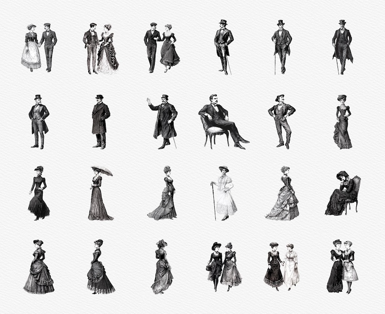 Pu&ograve; includere: Una collezione di illustrazioni vintage in bianco e nero raffiguranti uomini e donne in abiti vittoriani. Le immagini mostrano individui e coppie in varie pose, tra cui camminare, in piedi e seduti, con accessori come bastoni e ombrelli.