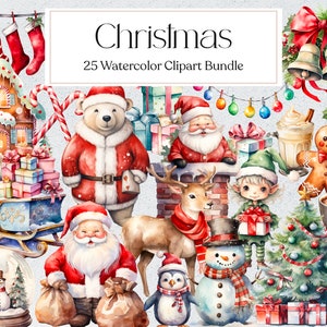 25 Christmas Watercolor Clipart, Watercolor Winter Clipart, Santa Clipart, Christmas Decor, Instant Download