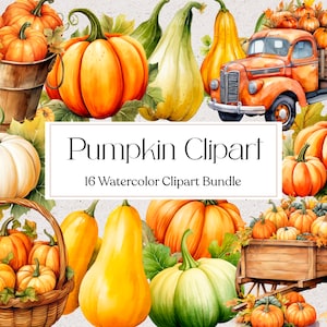 16 Watercolor Pumpkin Clipart, Autumn Clipart, Garden Clipart, Thanksgiving Clipart, Scrapbooking, Instant Download, Commercial Use