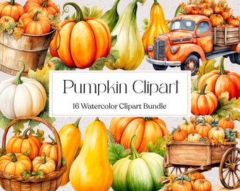 16 Watercolor Pumpkin Clipart, Autumn Clipart, Garden Clipart, Thanksgiving Clipart, Scrapbooking, Instant Download, Commercial Use