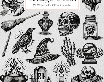 Vintage Occult Clipart, Witch Clipart, Black Mystical Illustrations, Witchcraft Symbols, Instant Download
