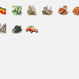 May include: A collection of watercolor illustrations depicting various German cultural icons, including a German flag, a traditional hat, a Volkswagen Beetle, a pretzel, a building, a castle, and a bunch of hops.