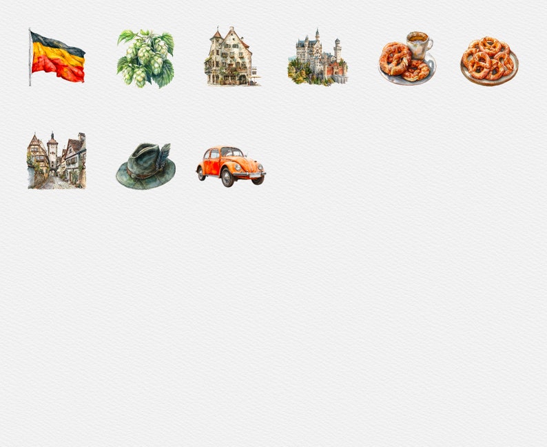 May include: A collection of watercolor illustrations depicting various German cultural icons, including a German flag, a traditional hat, a Volkswagen Beetle, a pretzel, a building, a castle, and a bunch of hops.