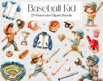 23 Cute Baseball Kid Clipart, Watercolor Baseball Clipart, Sport Clipart, Kids Clipart, Commercial Use, Instant Download