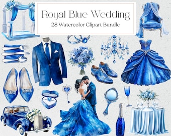 28 Royal Blue Wedding Clipart, Watercolor Wedding Elements Clipart, Junk Journal, Digital Download