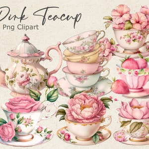41 Vintage Pink Teacup Clipart, Arte da hora do chá, Flower Teacup Png, Scrapbook, Junk Journal, Download instantâneo, Uso comercial