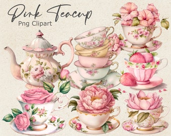 21 Vintage Pink Teacup Clipart, Tea Time art, Flower Teacup Png, Scrapbook, Junk Journal, Instant Download, Commercial Use