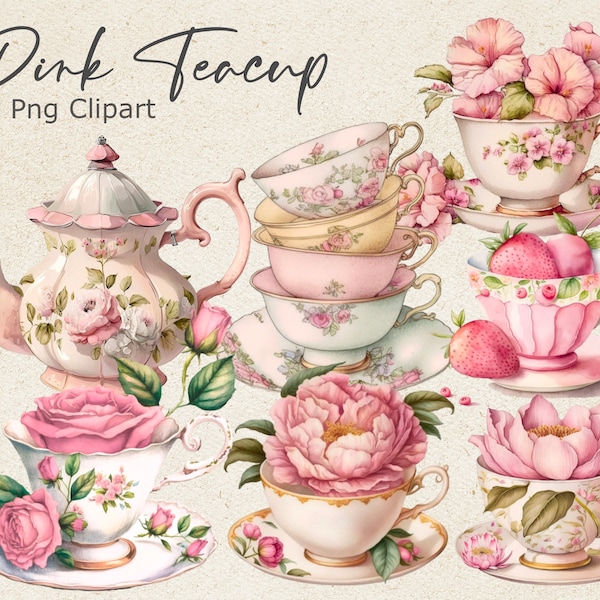 21 Vintage Pink Teacup Clipart, Tea Time art, Flower Teacup Png, Scrapbook, Junk Journal, Instant Download, Commercial Use