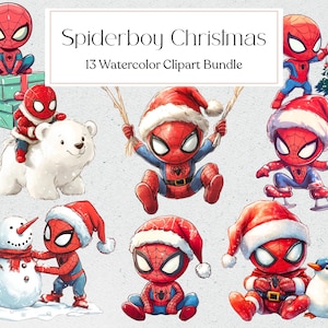 Spiderboy Weihnachten Aquarell Clipart, Superheld Illustration, Weihnachten Clip Art, Winter Png, Sofort Download