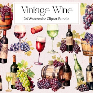 24 Vintage Wine Clipart, Watercolor Red Wine Clipart, White Wine Png, Wine Grapes, Vintage Clipart, Instant Download