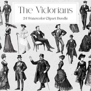 Pu&ograve; includere: Una collezione di 24 clipart ad acquerello in bianco e nero raffiguranti uomini e donne dell'epoca vittoriana in varie pose. Le illustrazioni mostrano abiti e accessori dettagliati del periodo. Il testo "The Victorians" &egrave; visualizzato.