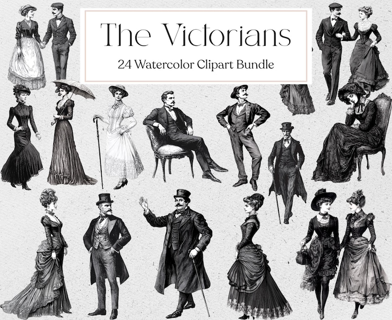 Pu&ograve; includere: Una collezione di 24 clipart ad acquerello in bianco e nero raffiguranti uomini e donne dell'epoca vittoriana in varie pose. Le illustrazioni mostrano abiti e accessori dettagliati del periodo. Il testo "The Victorians" &egrave; visualizzato.