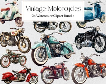 Imágenes prediseñadas de motocicletas vintage, motocicletas clásicas PNG, vehículos de acuarela, álbumes de recortes, diario basura, descarga instantánea