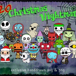 Paquete SVG de 20 personajes de pesadillas navideñas, SVG de Halloween, Jack, Sally, SVG de películas de terror, Navidad, Cricut, archivos de corte SVG, EN CAPAS