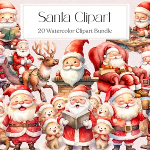 20 cliparts père Noël, aquarelle mignon père Noël Png, clipart Noël, clipart hiver, téléchargement immédiat