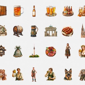 May include: A collection of watercolor illustrations depicting various aspects of German culture, including traditional clothing, food, architecture, and beer. The illustrations are in a whimsical style and feature bright colors.