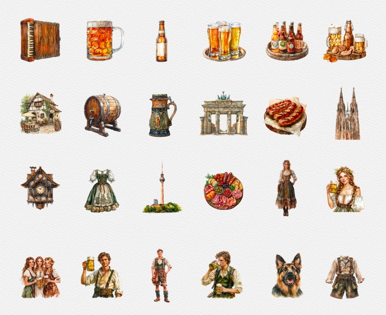 May include: A collection of watercolor illustrations depicting various aspects of German culture, including traditional clothing, food, architecture, and beer. The illustrations are in a whimsical style and feature bright colors.
