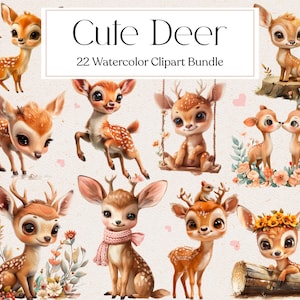22 Cute Deer Clipart, Watercolor Roe Deer Clipart, Baby Shower Clipart, Nursery Graphic, Scrapbooking, Instant Download