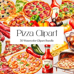 30 Watercolor Pizza Clipart, Food Clipart, Bakery Clipart, Planner Sticker, Instant Download, Commercial Use